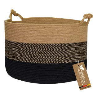 HMF Aufbewahrungskorb Glücksknoten-Griffen Großer Korb Baumwolle 50 x 33 cm Schwarz-Honig