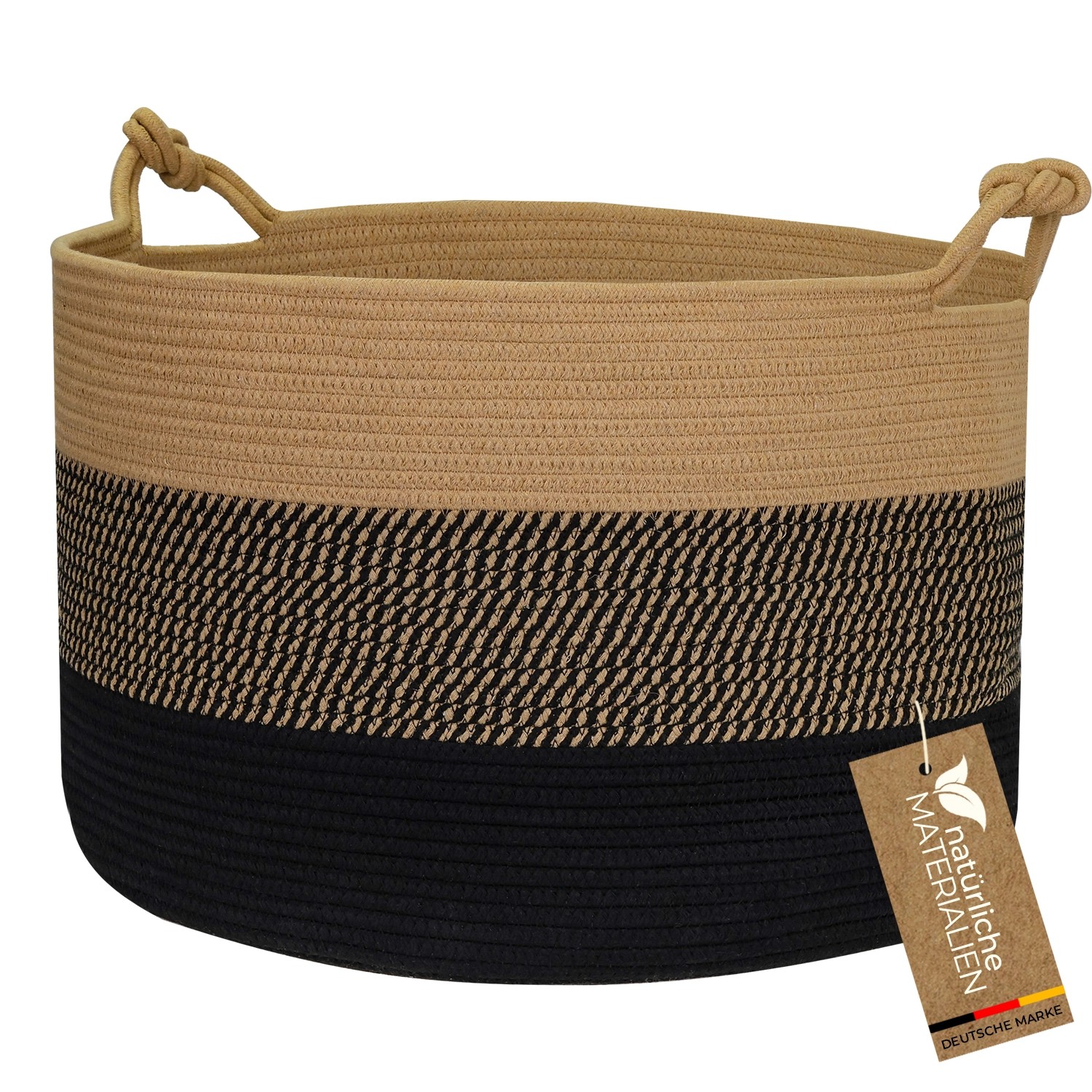 HMF Aufbewahrungskorb Glücksknoten-Griffen Großer Korb Baumwolle 50 x 33 cm Schwarz-Honig