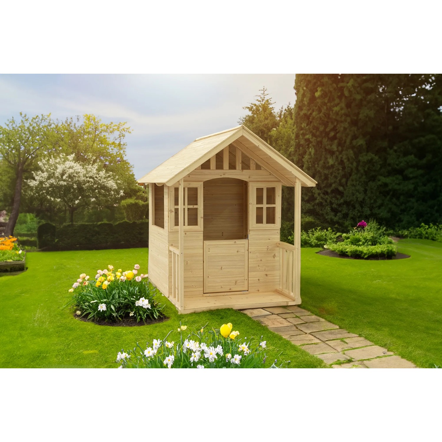 Zwerkules Spielhaus Villa aus Holz, 137x121x140 cm, mit Veranda im Garten.