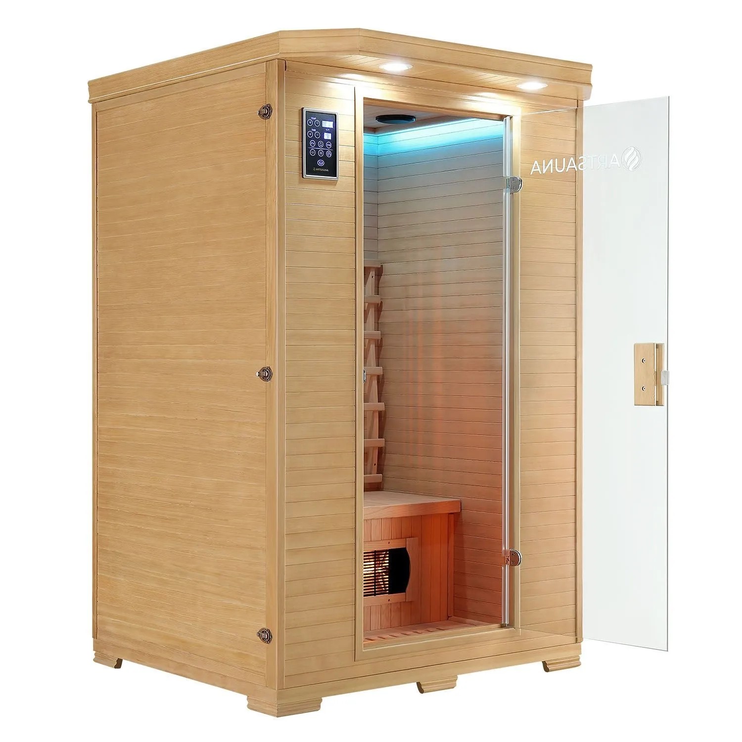 Artsauna Infrarotkabine Oslo aus Hemlockholz mit Glastür und Vollspektrumstrahlern.