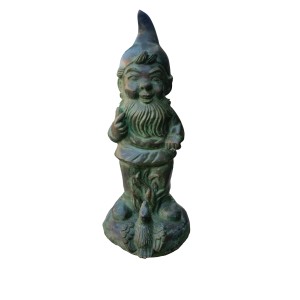 Bronzefarbener Gartenzwerg (Höhe 42cm) mit Vogel, detailreiche Gartendekoration.