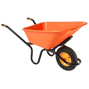 Haemmerlin Crusader Schubkarre, 120 l, Verbundstoff, Luftrad. Orangefarbene Mulde, schwarzes Gestell.