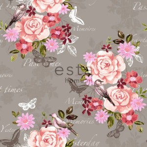 ESTAhome Tapete mit Blumen, Vögeln, Schmetterlingen und Schriftzug in Sepiabraun. Romantisches florales Muster.