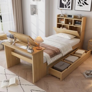 Multifunktionales Jugendbett 90x200cm in Holzoptik mit Stauraum, Kopfteilregal und klappbarem Schreibtisch.