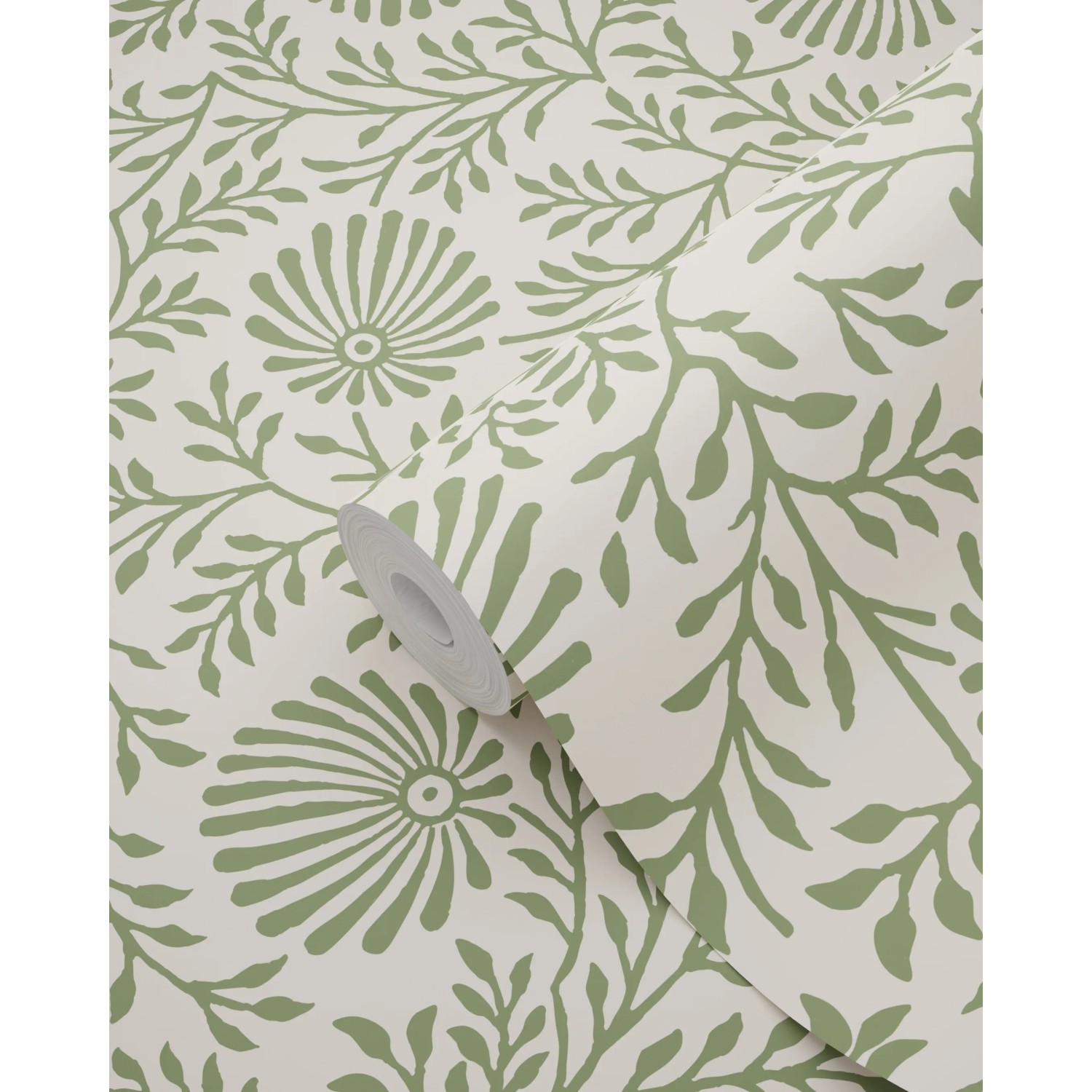 ESTAhome Vliestapete mit grünem Blumenmuster und Blättern, teilweise abgerollt. Dekorative Tapete für Vintage-Look.
