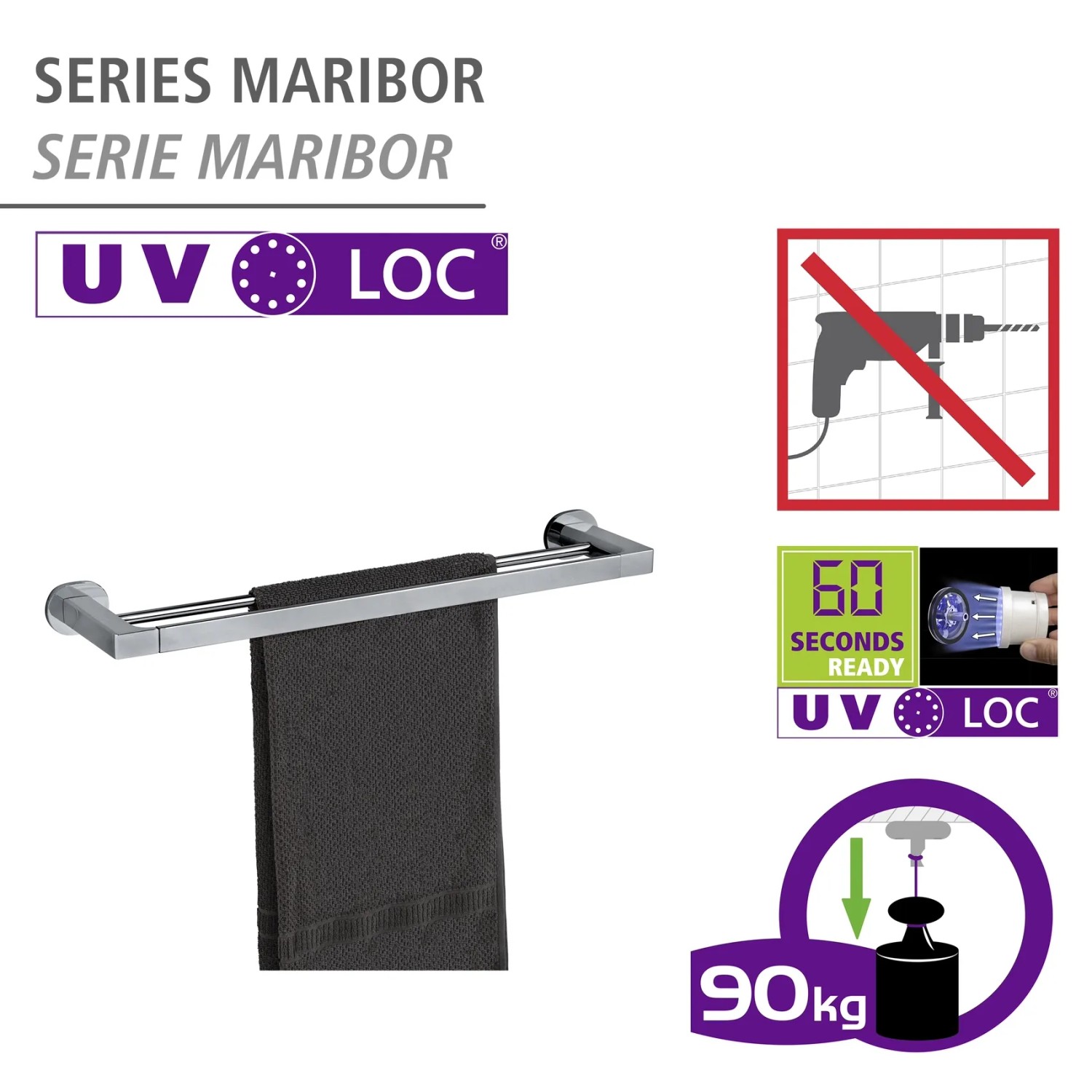 Wenko Badetuchstange Duo Maribor, 60 cm, silber glänzend, mit UV-Loc Befestigungssystem.
