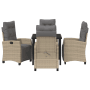 Beige 5-tlg. Garten Essgruppe aus Poly Rattan mit Tisch und Sesseln mit grauen Auflagen.