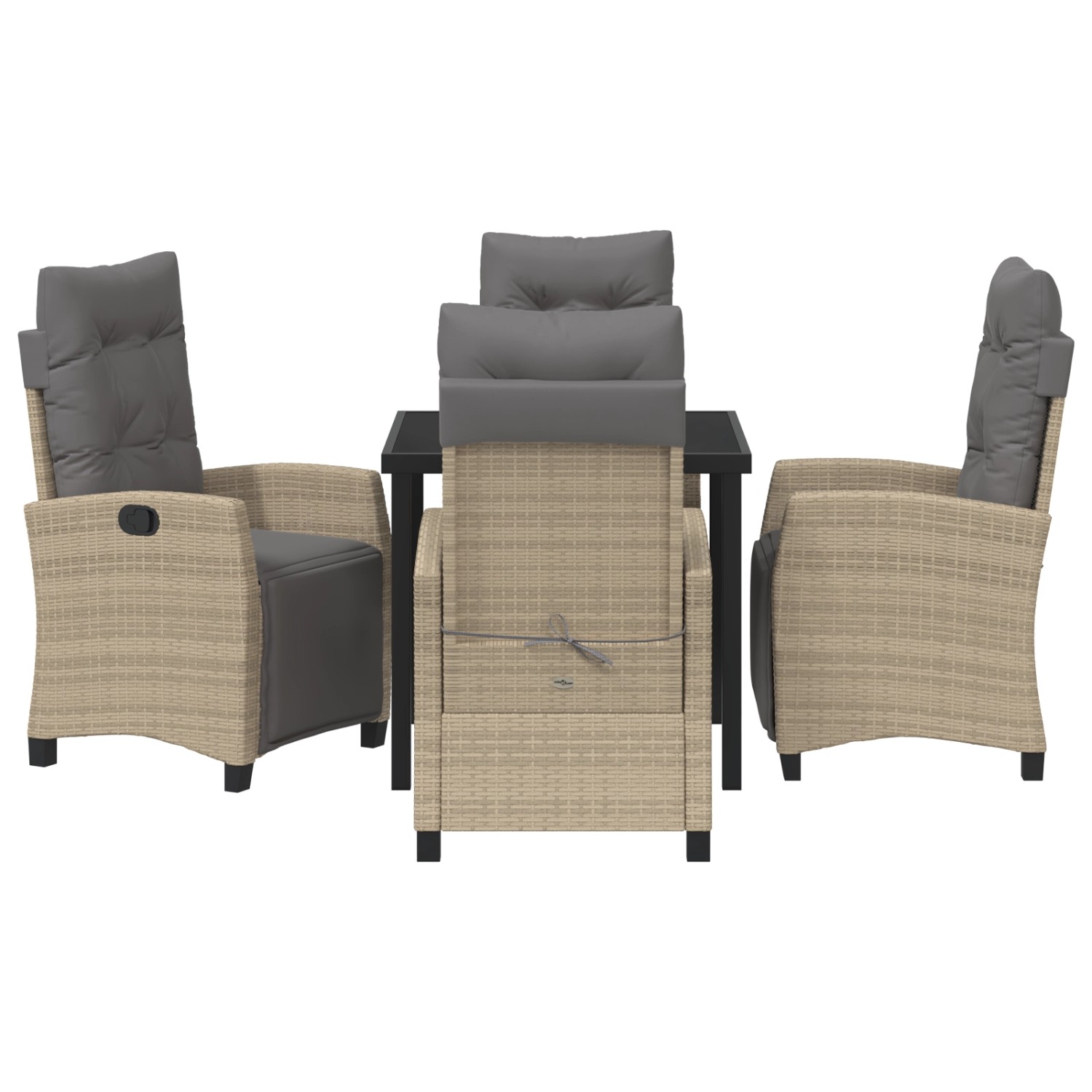 Beige 5-tlg. Garten Essgruppe aus Poly Rattan mit Tisch und Sesseln mit grauen Auflagen.