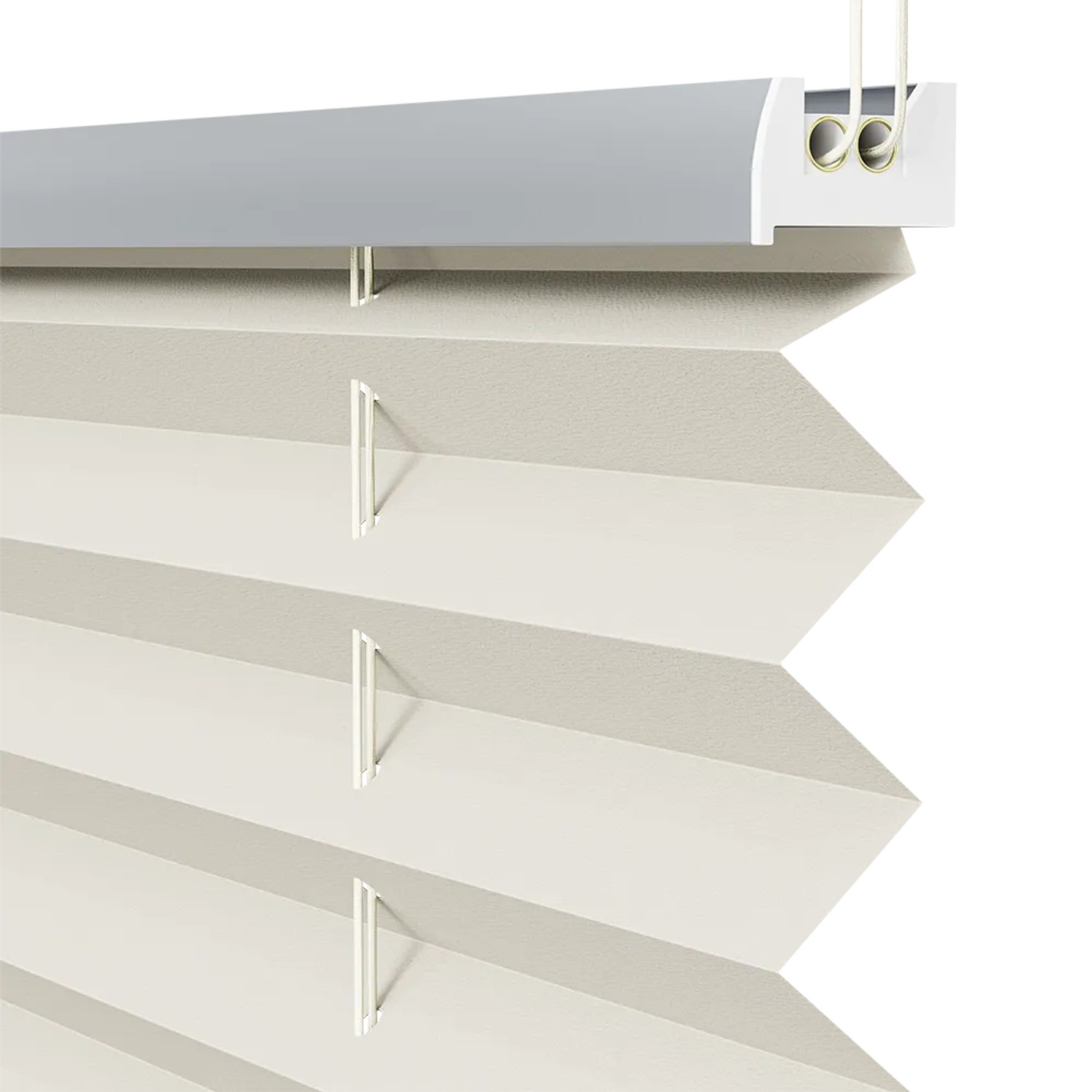 Sekey Plissee Faltrollo in Beige, Detailansicht der Faltstruktur und Klemmhalterung.