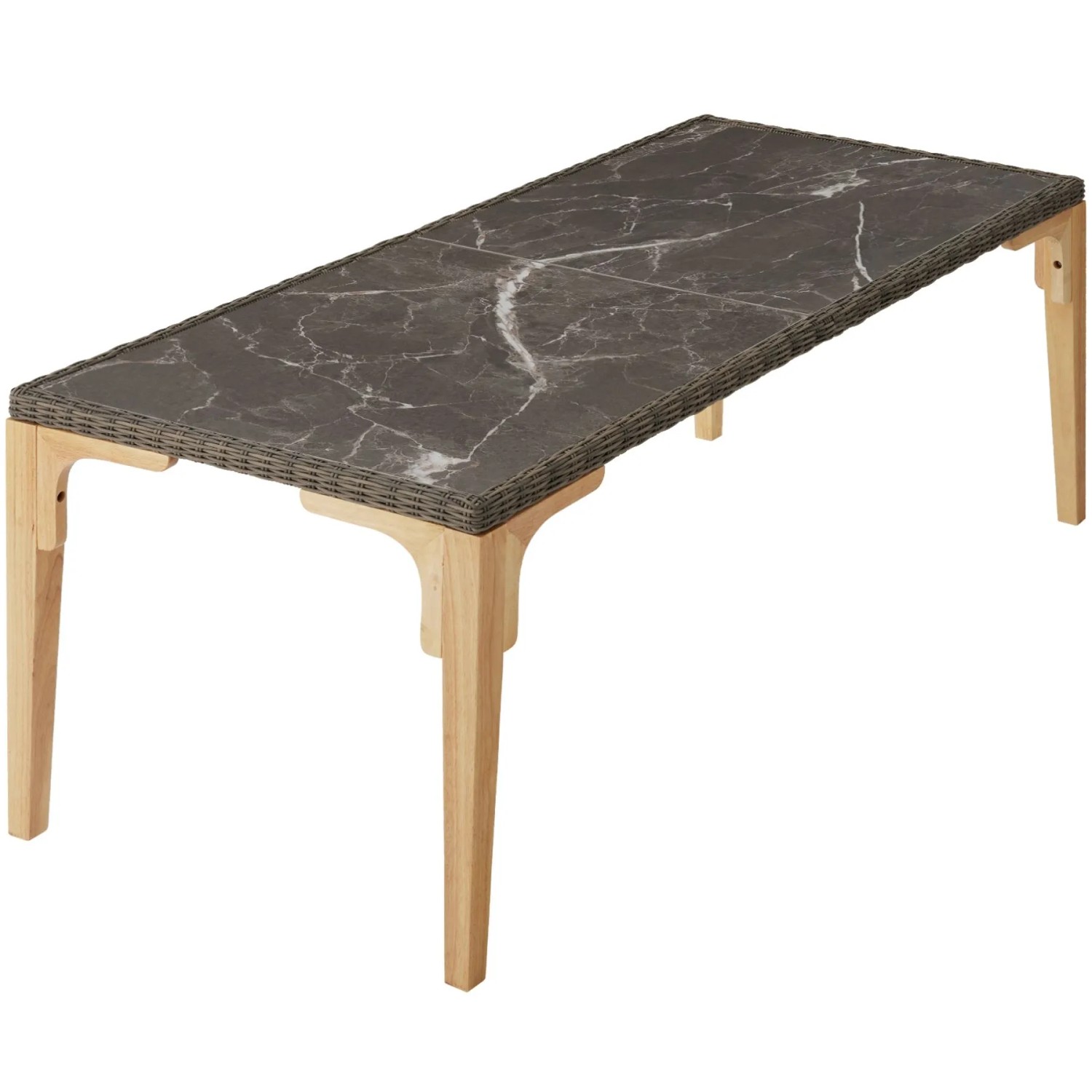 Tectake Rattan Tisch Foggia Mit Aluminium  und Holzgestell 2 Abnehmbare Feinsteinzeugplatten  196 x 87 x 76 cm Natur