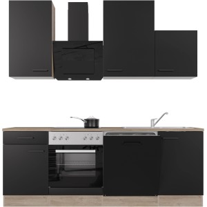 Flex-Well Küchenzeile Capri, 220 cm, Schwarz Matt/Endgrain Oak mit E-Geräten und Spüle.
