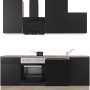 Flex-Well Küchenzeile Capri, 220 cm, Schwarz Matt/Endgrain Oak mit E-Geräten und Spüle.