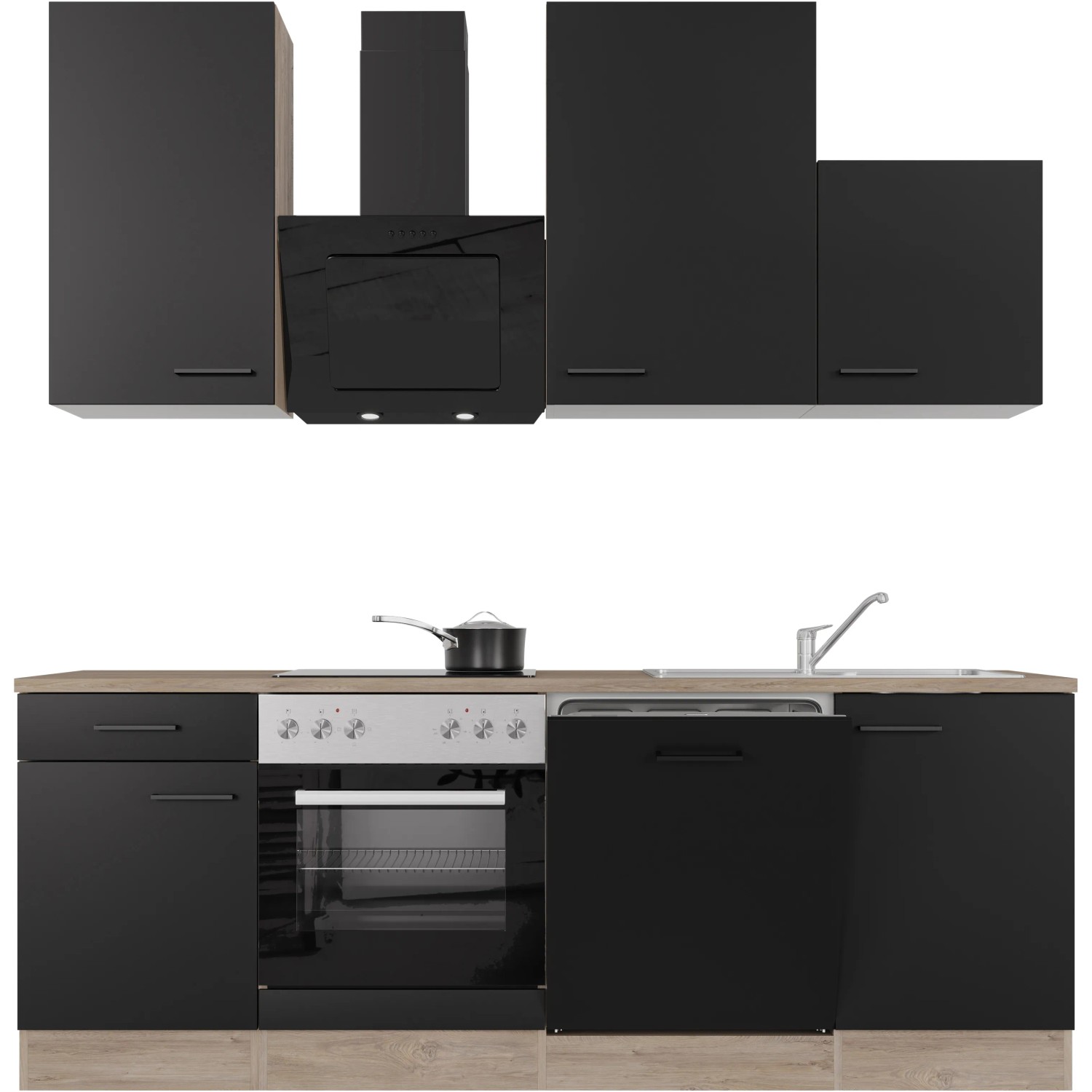 Flex-Well Küchenzeile Capri, 220 cm, Schwarz Matt/Endgrain Oak mit E-Geräten und Spüle.