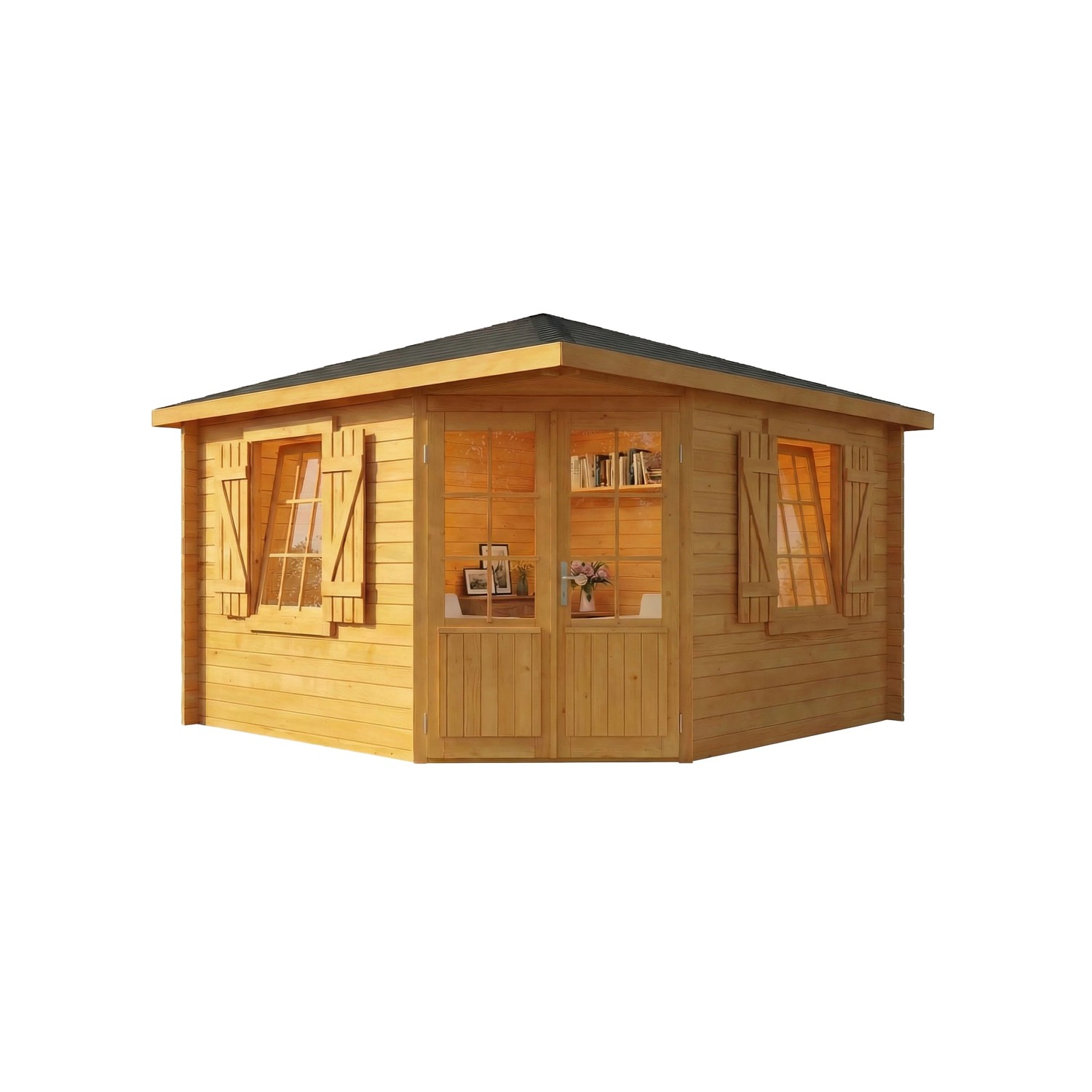 Holz-Gartenhaus Monica Royal mit Spitzdach und Anbaudach, 375x375 cm.