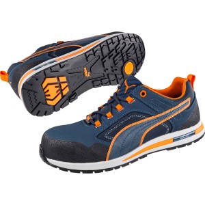 Puma Safety Crosstwist Low S3, blau-orange, Größe 42. Arbeitsschuhe mit Fiberglaskappe und flexiblem Durchtrittschutz.
