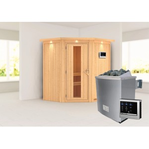 Karibu Sauna Tjorven mit Ofen und LED-Dachkranz. Holz-Glastür. Massivholzsauna für entspannte Stunden.