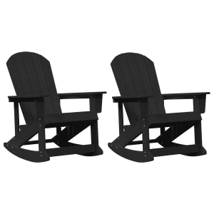 Zwei schwarze vidaXL Adirondack Schaukelstühle aus HDPE für den Garten.