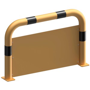 Gelb-schwarzer Schake Schutzbügel 1000 mm mit Unterfahrschutz für Baugeräte.