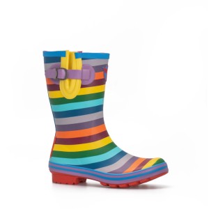 Bunter Rouchette Rainbow Halbstiefel für Gartenbekleidung, mit Regenbogenstreifen, Schnalle und roter Sohle.