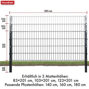 Floordirekt Doppelstabmattenzaun Komplettset, 80x200cm, mit Zaunpfosten.