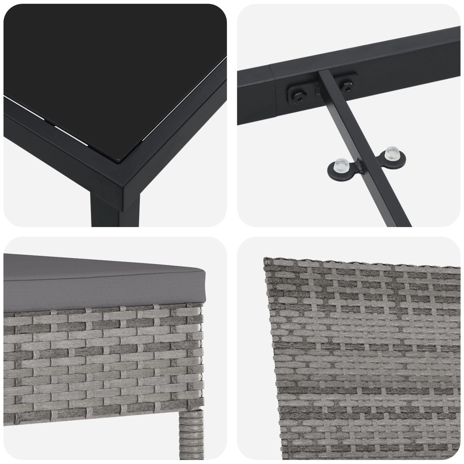 Detailansichten der grauen vidaXL Garten Essgruppe, 5-teilig, mit Tischplatte aus Glas und Rattan-Stühlen.