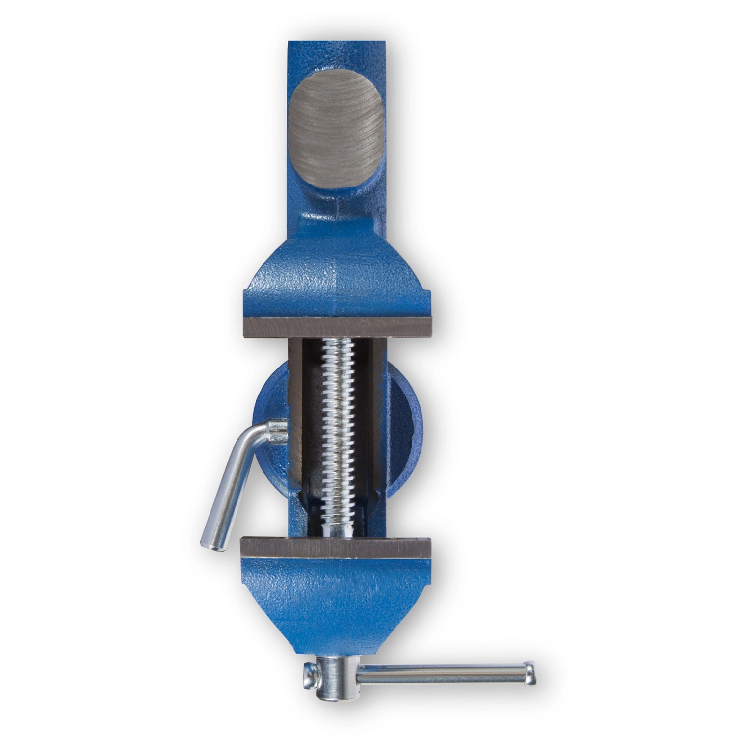 Blauer Mini Schraubstock von EBERTH mit Tischklemme, 360° drehbar, max. 70mm Spannweite.