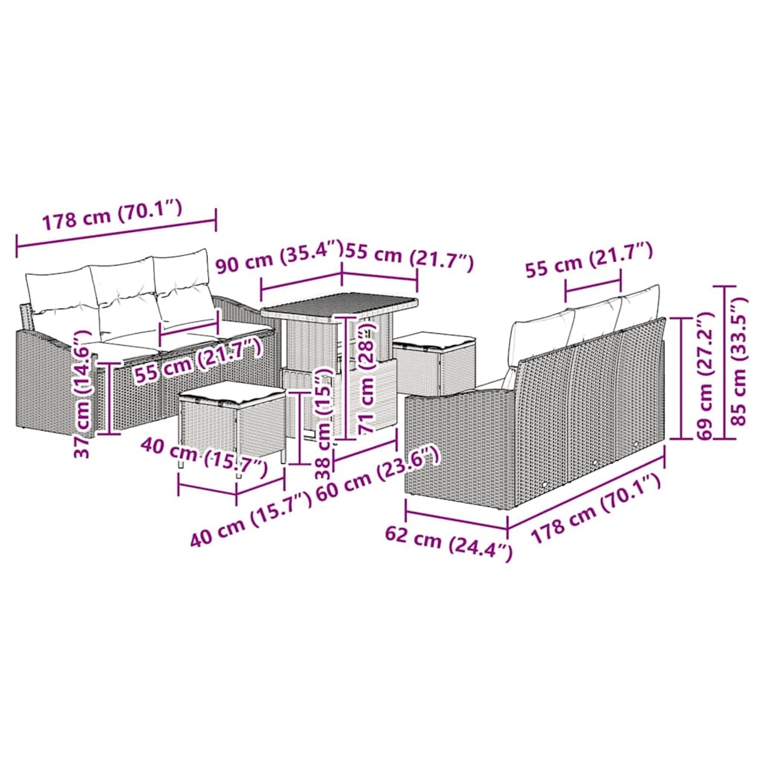 vidaXL Gartenmöbel Set, 9-teilig, beige Poly Rattan, mit Maßangaben.