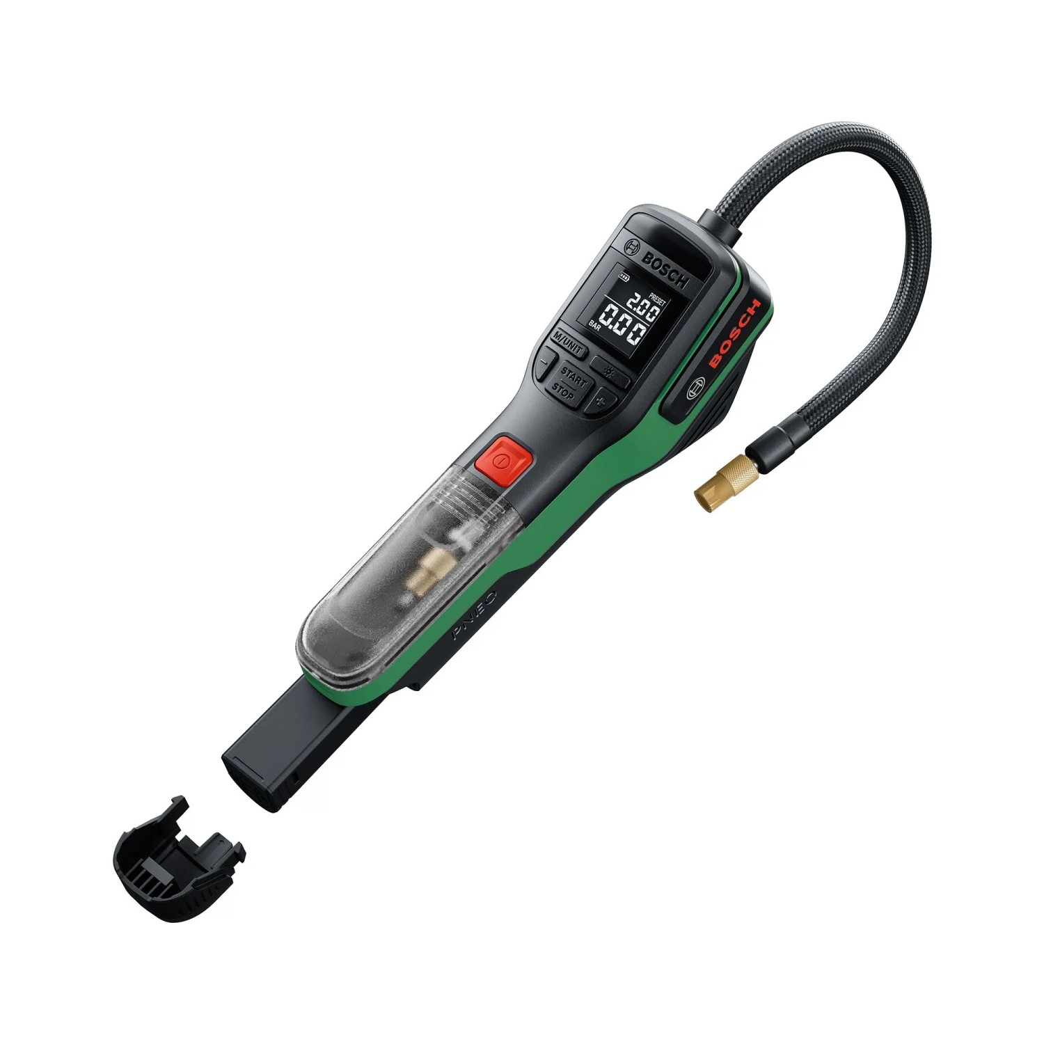 Bosch Akku-Druckluftpumpe Pneo: Kompakte Akkupumpe mit Display und Zubehör.