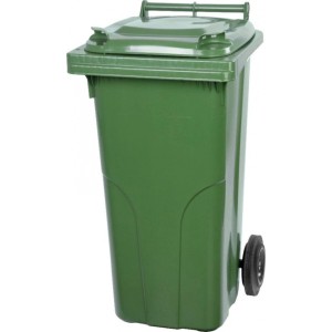 Grüne PROREGAL Mülltonne, 120 Liter, aus HDPE-Kunststoff mit Rädern.