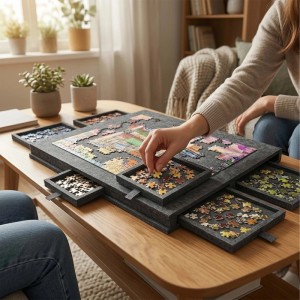 Person puzzelt auf hellgrauem Filz Puzzlebrett mit 6 Schubladen auf Holztisch. Rutschfeste, neigbare Unterlage zum Sortieren.