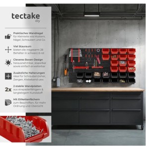 Tectake Kleinteilemagazin mit Wandplatten und roten/schwarzen Boxen zur Aufbewahrung von Schrauben und Werkzeug.