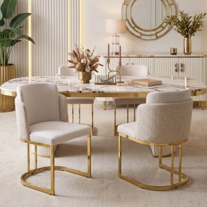 Beiger Chenille Esszimmerstuhl mit doppelter Rückenlehne und goldglänzendem Metallgestell. Merax 4er Set.