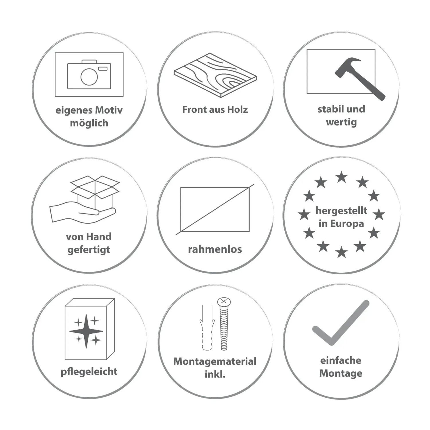 Piktogramme: Eigenschaften des Banjado Schlüsselkastens mit Holzfront (Motivauswahl, Handarbeit, einfache Montage).
