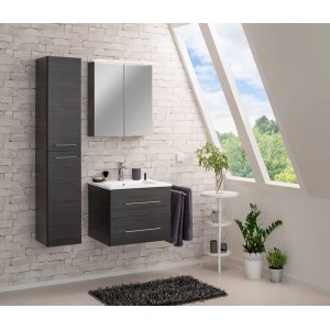 Fackelmann Spiegelschrank B.Perfekt Dark Oak 60 cm im Badezimmer mit Waschbecken und Hochschrank.