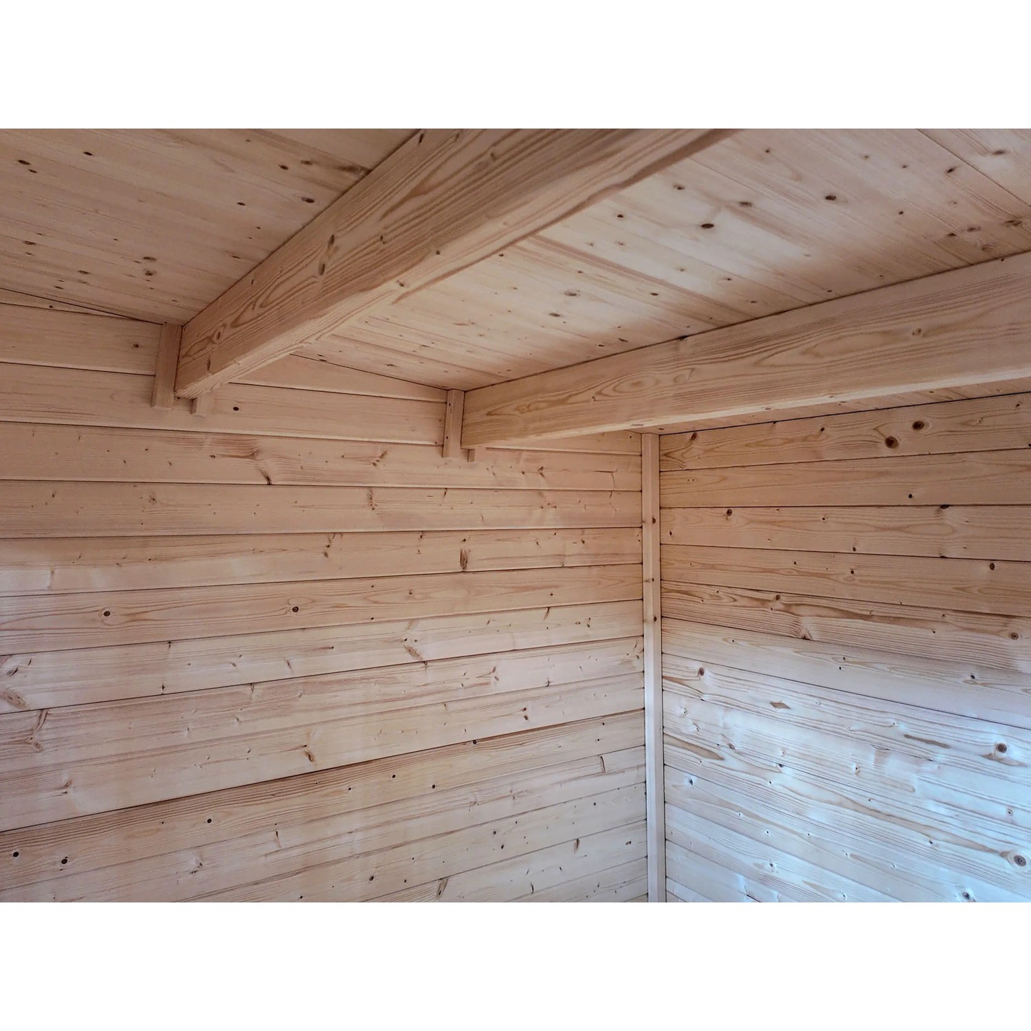 Innenansicht Gartenhaus Taro A: Wände und Decke aus hellem Fichtenholz. Holz-Gartenhaus mit Schneelast 1,5 kN/m².