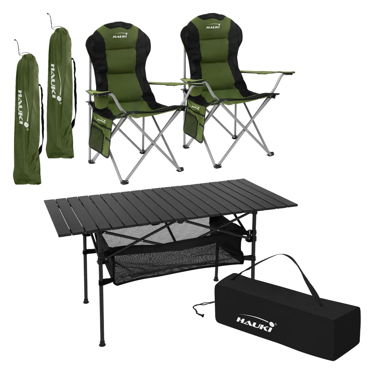 Hauki Campingmöbel Set 3 Tlg Tisch Faltbar Schwarz mit 2 Stühle Khaki