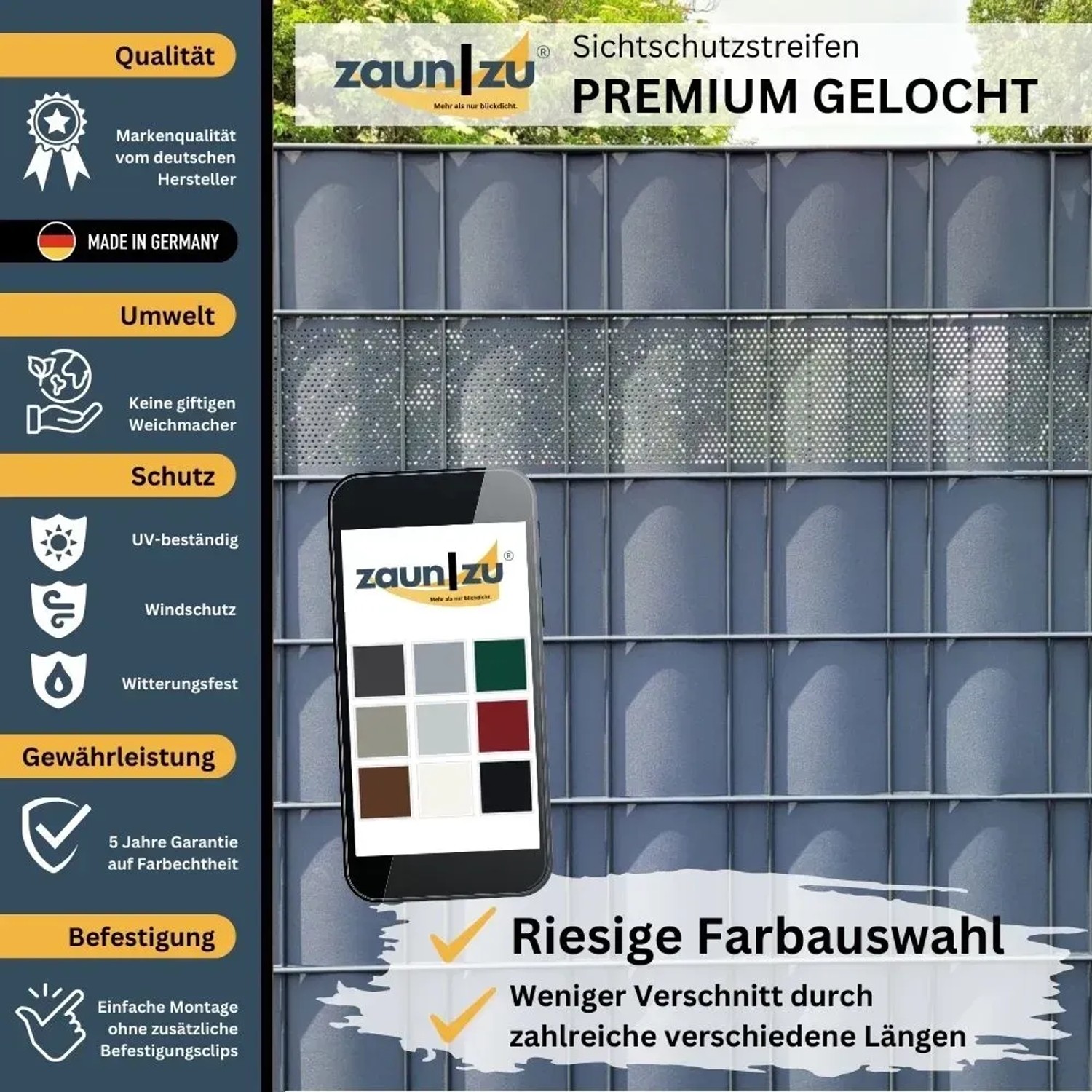 zaunzu Sichtschutz PP Premium gelocht, enzianblau, 50m. Sichtschutzstreifen für Zaunbau mit 20% Lochmuster.