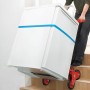 Pro-Bau-Tec Treppensteiger Sackkarre aus Aluminium mit 150 kg Traglast beim Transport eines Kühlschranks auf einer Treppe.