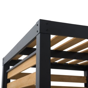 Detailansicht der Sunjoy Pergola Marao: Schwarzer Stahlrahmen mit Zedernholz-Lamellen.