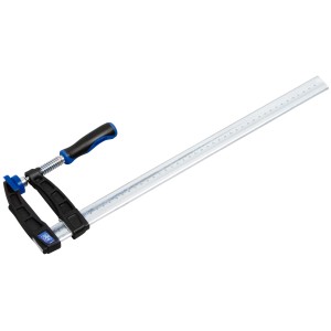 LUX Schraubzwinge Temperguss 400x80 mm, Spannwerkzeug mit blau-schwarzem Griff und silberner Schiene.