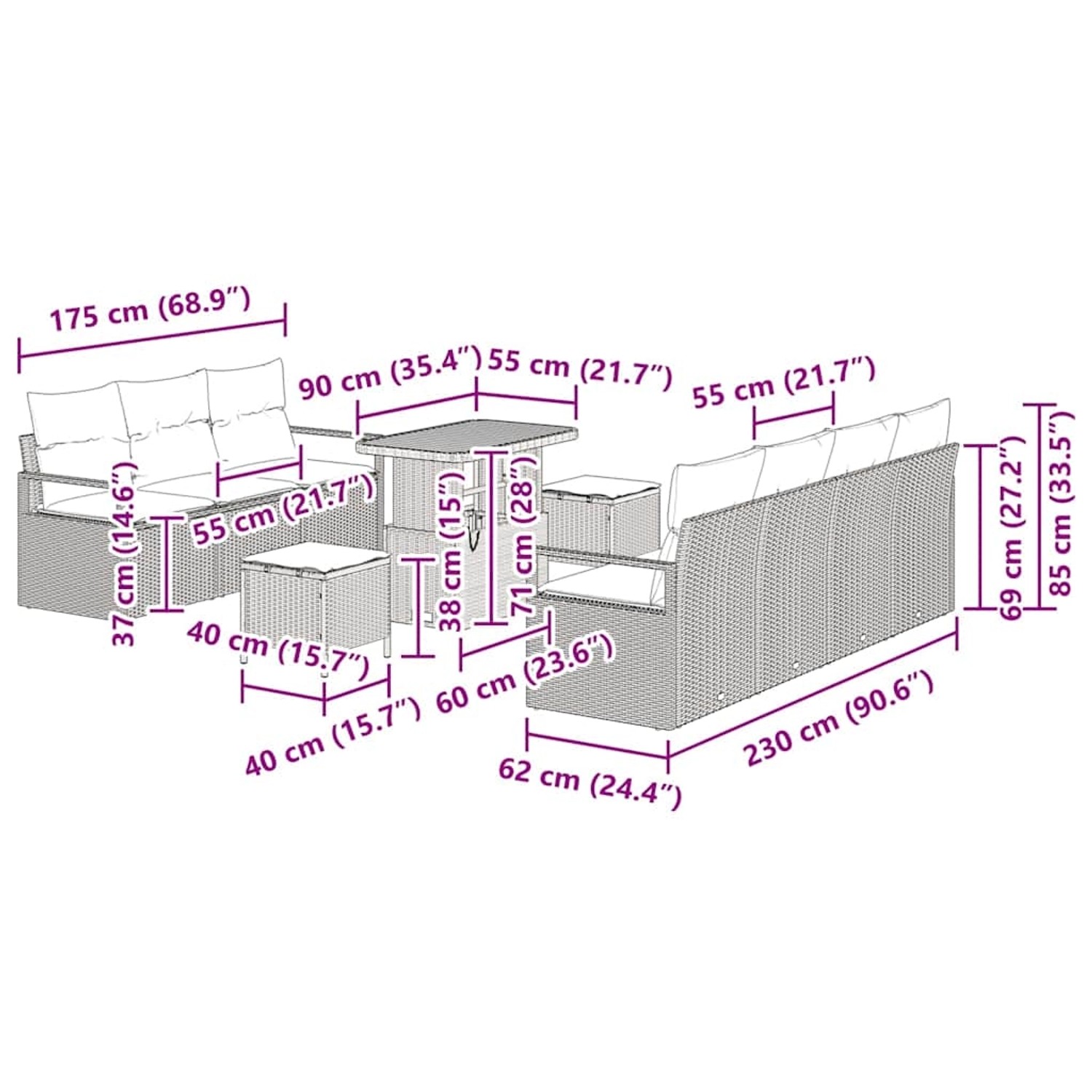 Schwarzes 10-teiliges Garten-Sofa-Set aus Poly Rattan mit Tisch und Kissen.