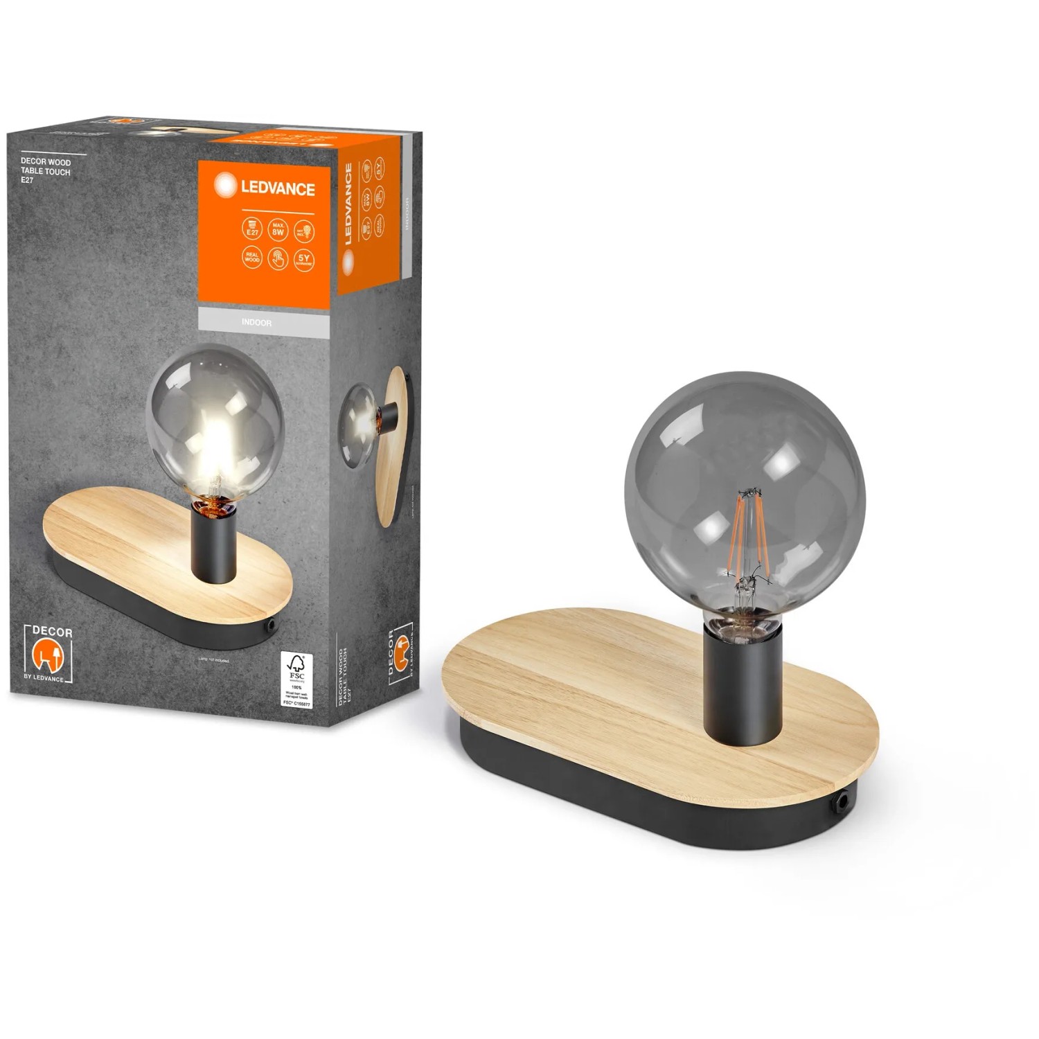 Ledvance Tischleuchte Decor Holz, braun-schwarz. LED-Tischlampe mit E27 Fassung.