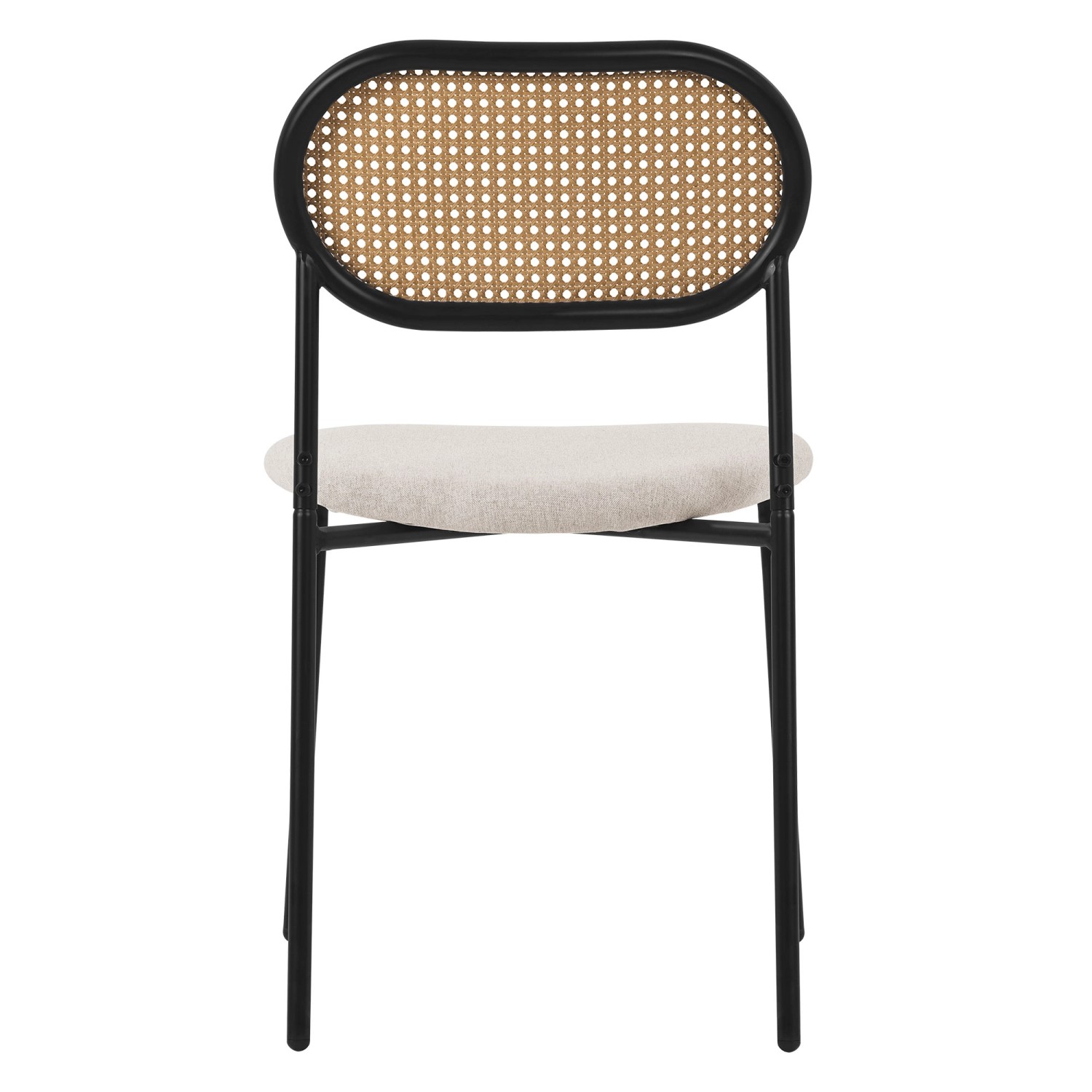 2er Set: Beige Esszimmerstühle mit Rattan-Lehne und schwarzem Stahlgestell.