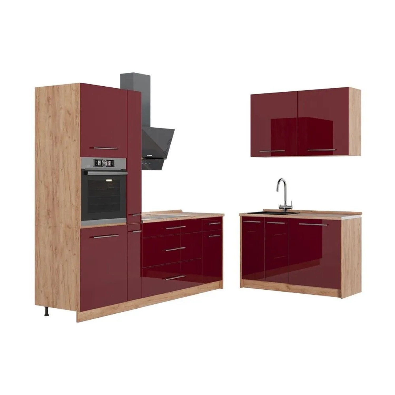 Vicco Küchenzeile Fame-Line Bordeaux Hochglanz/Goldkraft Eiche 220 x 207 ohne Arbeitsplatte Art Nr 64994