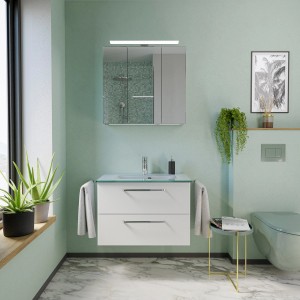 Pelipal Badmöbel-Set Trentino, 77 cm, Weiß: Waschtisch mit Unterschrank und Spiegelschrank mit LED-Beleuchtung.