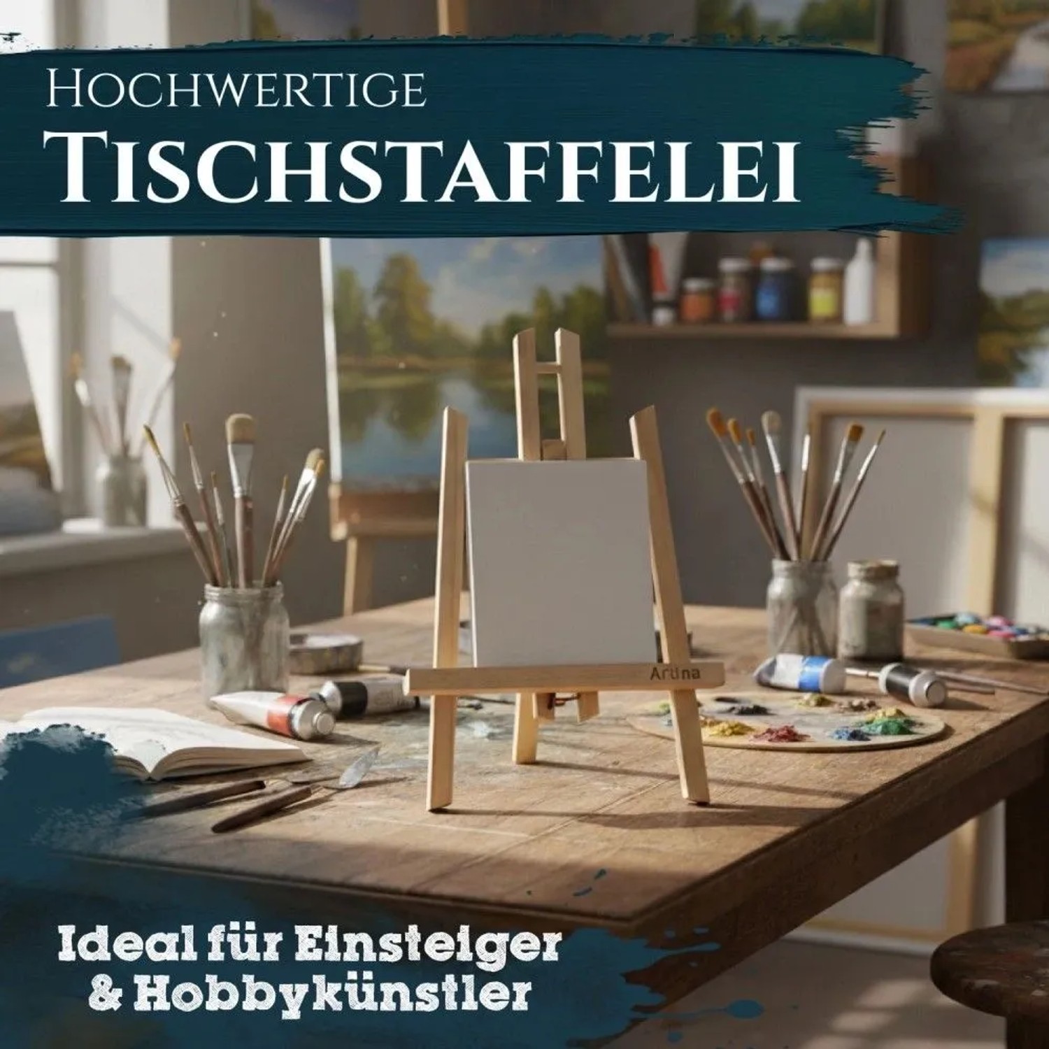 Artina Manchester Tischstaffelei 2er Set aus Holz, 28cm hoch, mit Leinwand und Malutensilien.