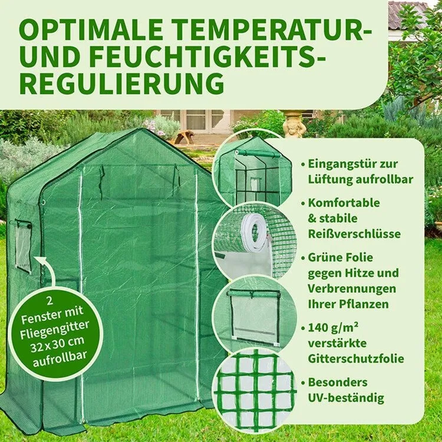 Grünes TTL GARDEN Foliengewächshaus mit Gitternetzfolie, aufrollbarer Tür & Fenstern. Ideal für Pflanzen, Frühbeet & Garten.
