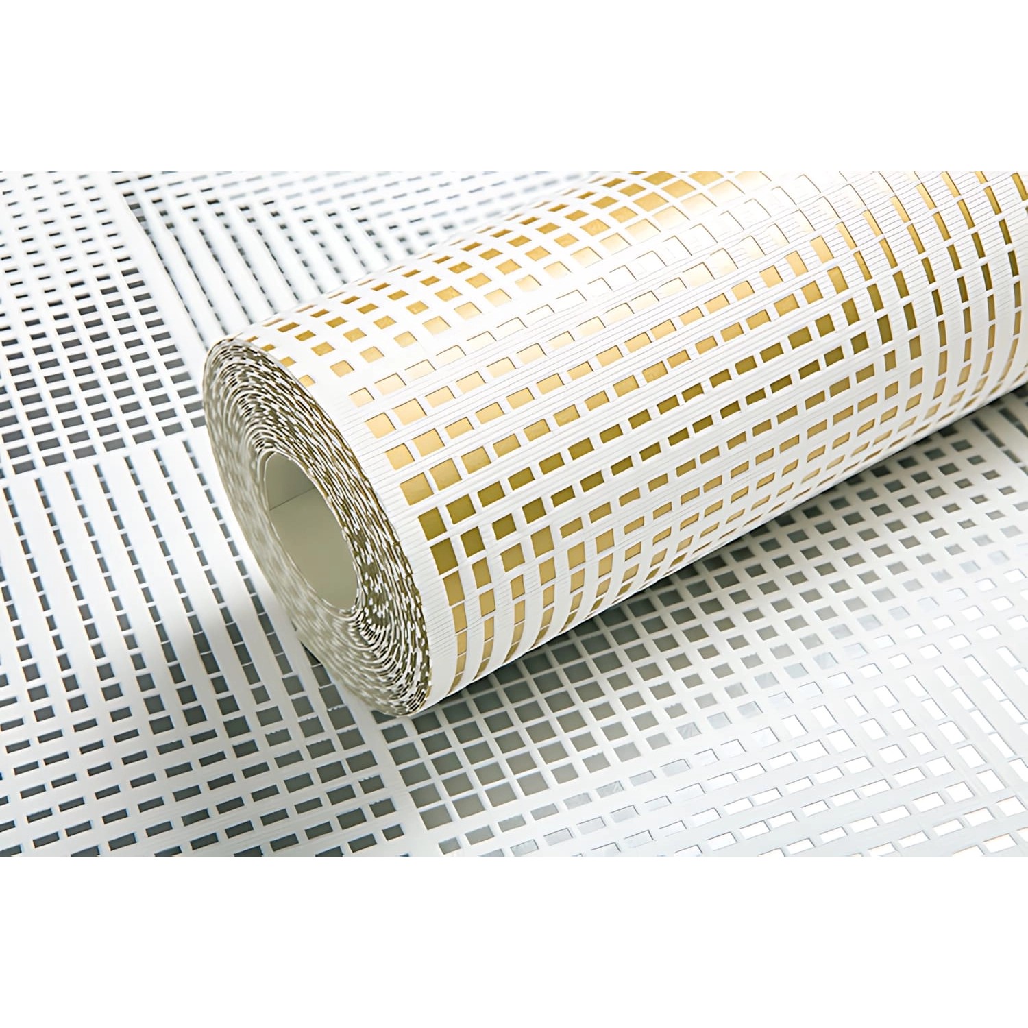 Rolle EDEM Retro Tapete mit metallischen Akzenten in Weiß, Gold und Bronze.