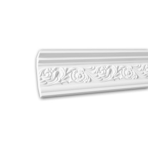 Weiße PROFHOME Eckleiste aus Polyurethan, 2 m, mit floralem Rokoko-Muster.
