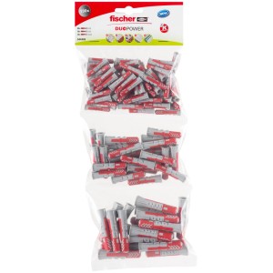 Fischer Universaldübel DuoPower, 130 Stück im Beutel, rot/grau, für sichere Befestigungen in allen Baustoffen.